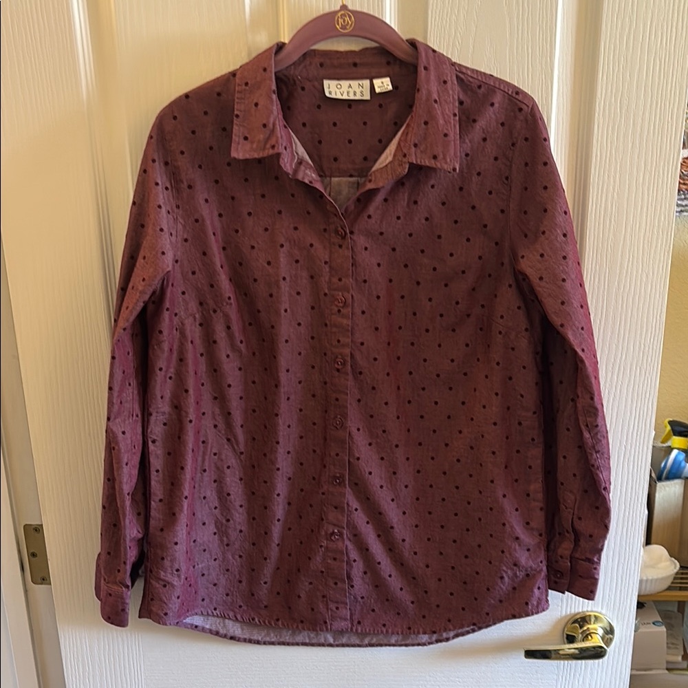JOAN RIVERS | Plum polka dot button down cotton shirt, size small -‎ EUC